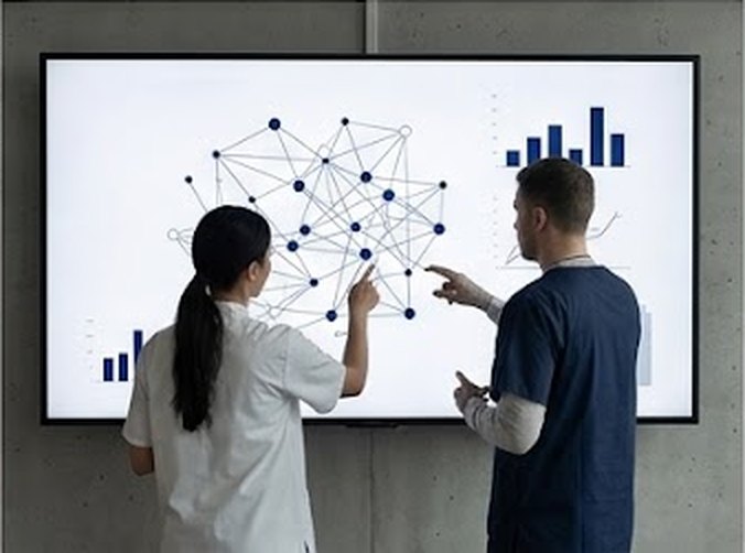 Dos personas analizando un grafo de relaciones en una pantalla mural